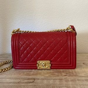 SLIGHTLY USED chanel red boy bag in gold hardware and caviar leather